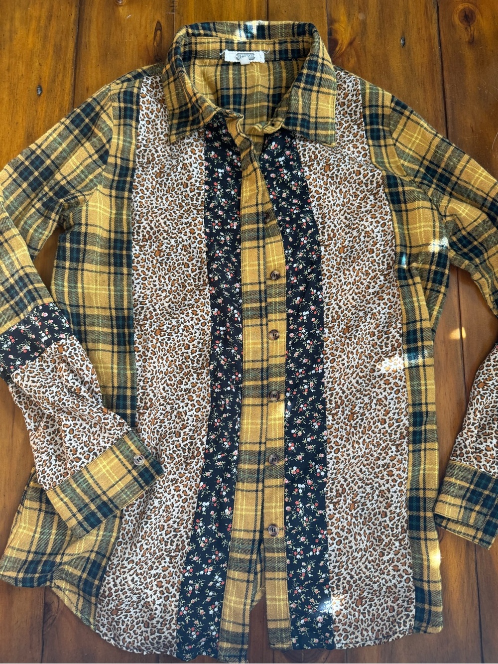 Mixed-Print Yellow Plaid Button-Up Shirt